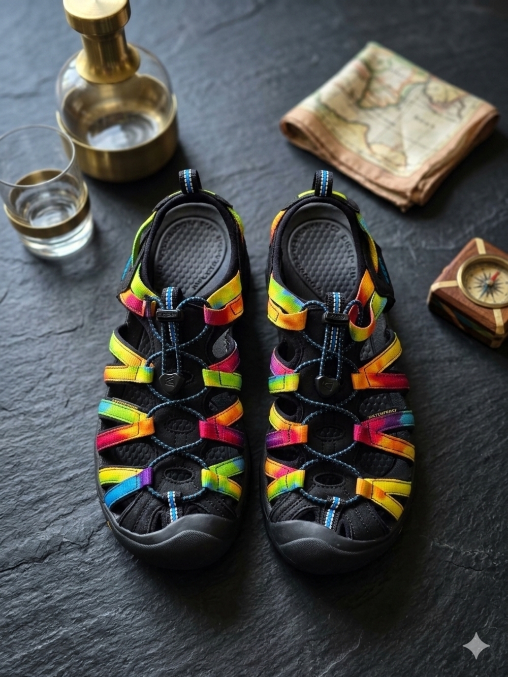 Keen Black Sandals with Multicolor Rainbow Straps